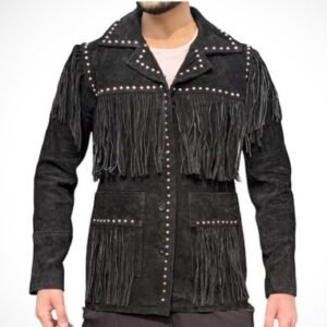 Men’s Western Suede Fringe Jacket – Black Cowboy Leather Coat with Studded Detailing, Vintage Rodeo Style Outerwear