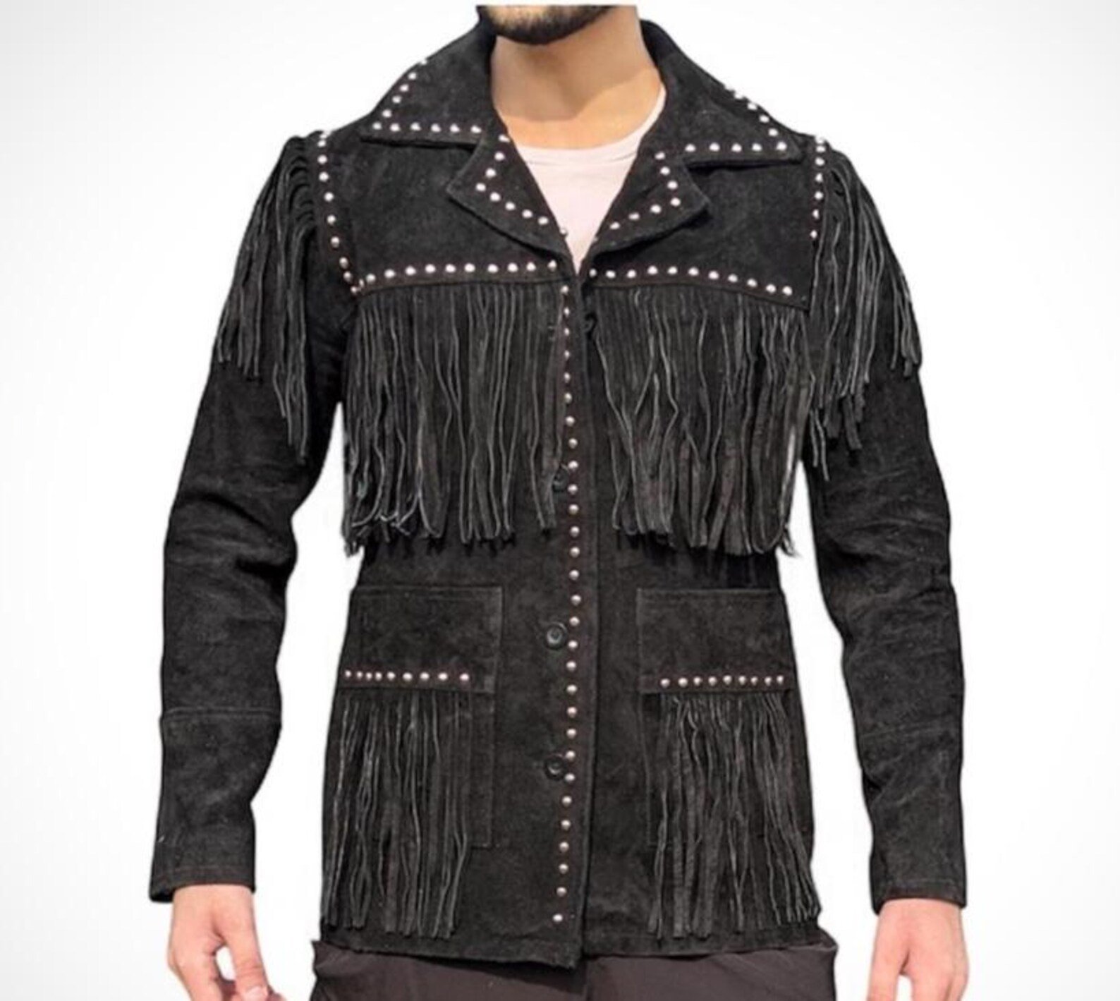 Men’s Western Suede Fringe Jacket – Black Cowboy Leather Coat with Studded Detailing, Vintage Rodeo Style Outerwear