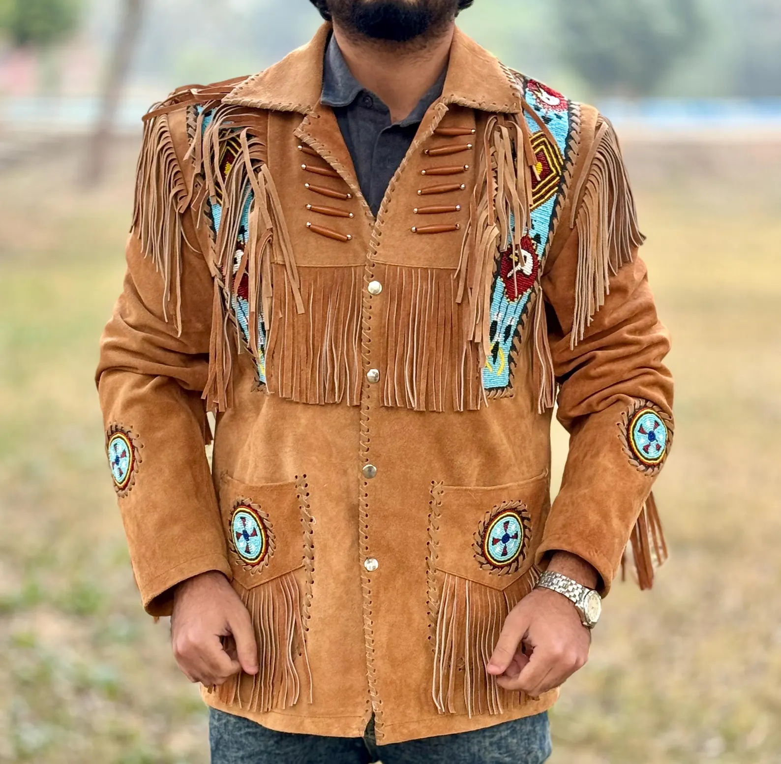 Vintage Native American Suede Fringe Cowboys Jacket With Beaded Accent - Chaqueta con flecos de ante vaquero occidental