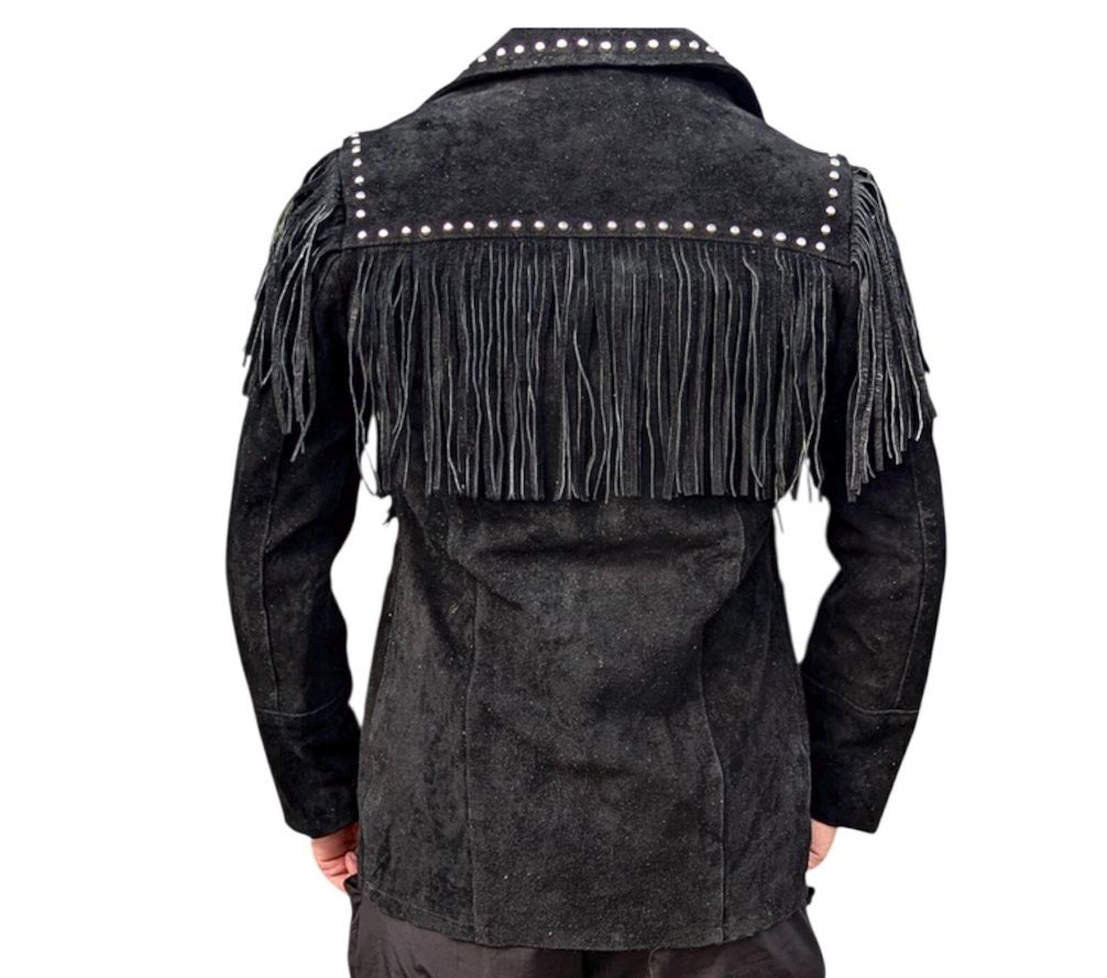 Men’s Western Suede Fringe Jacket – Black Cowboy Leather Coat with Studded Detailing, Vintage Rodeo Style Outerwear - Image 2