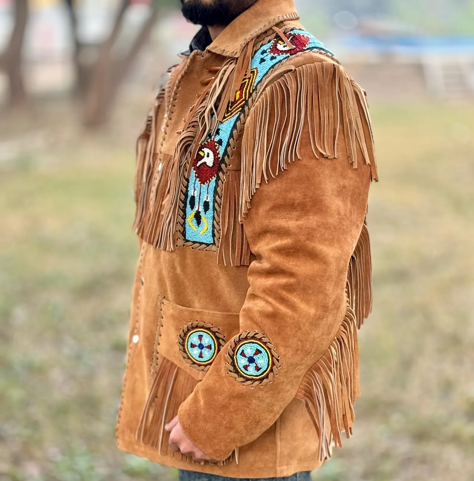 Vintage Native American Suede Fringe Cowboys Jacket With Beaded Accent - Chaqueta con flecos de ante vaquero occidental - Image 2