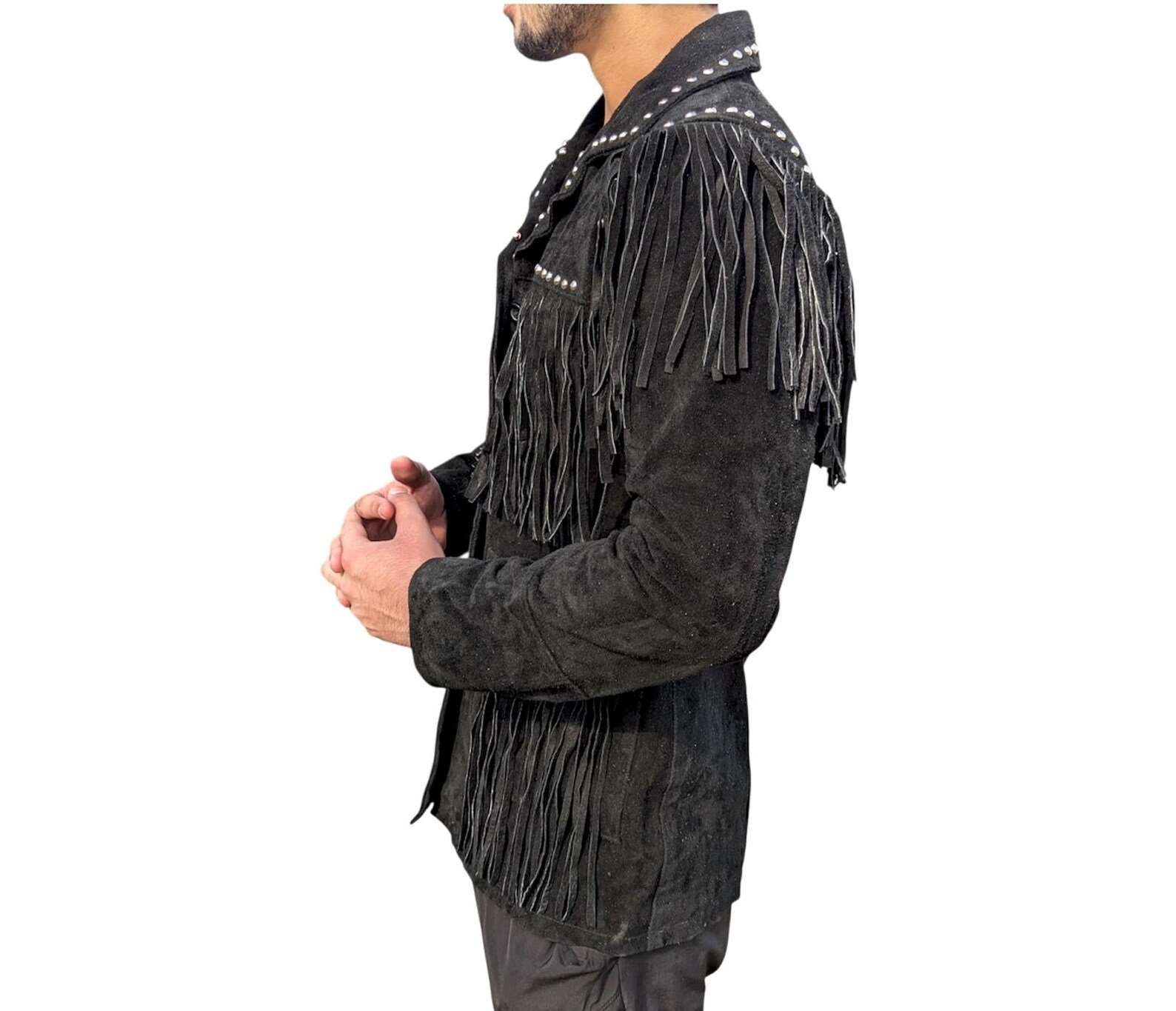 Men’s Western Suede Fringe Jacket – Black Cowboy Leather Coat with Studded Detailing, Vintage Rodeo Style Outerwear - Image 3
