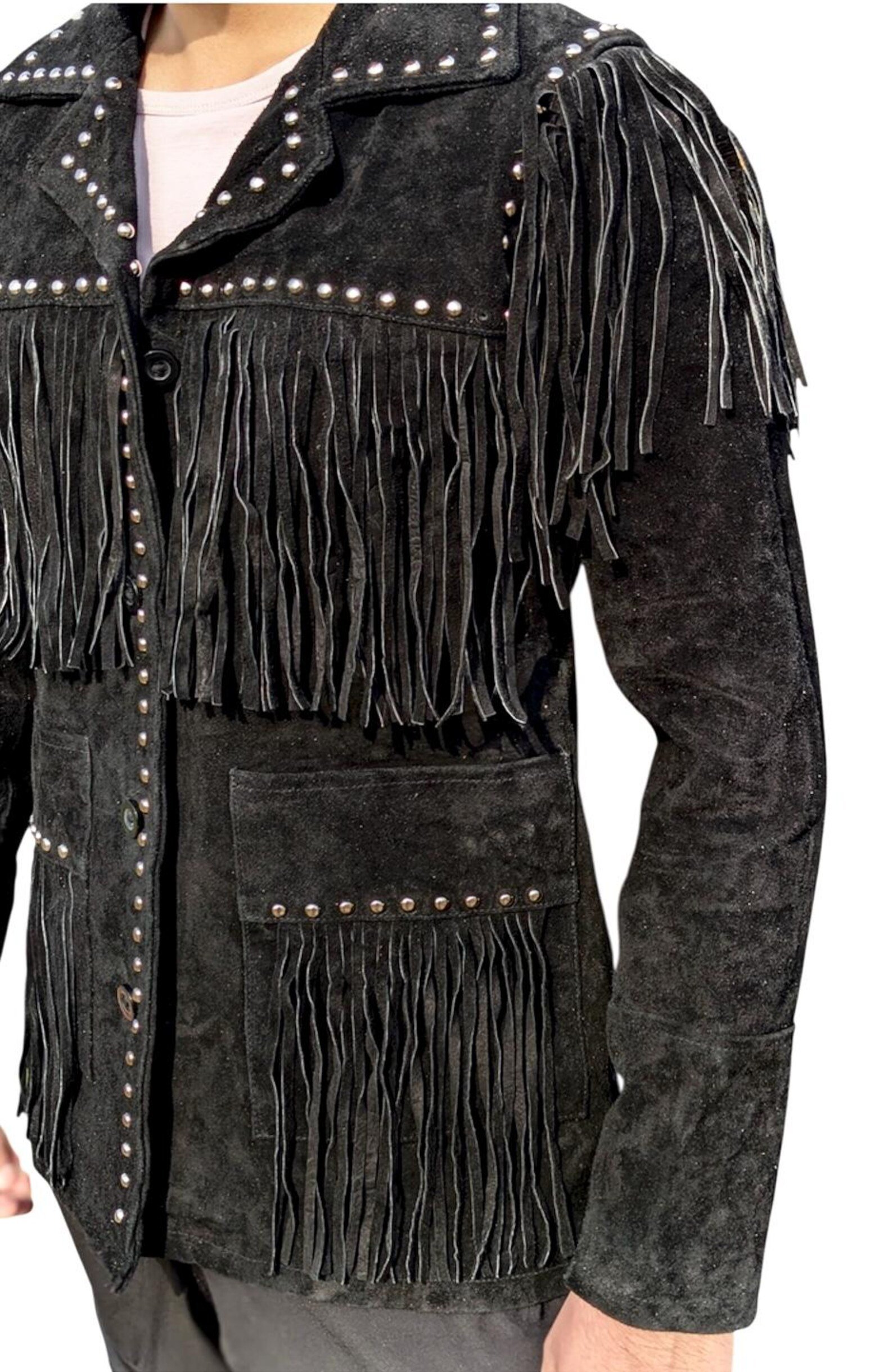 Men’s Western Suede Fringe Jacket – Black Cowboy Leather Coat with Studded Detailing, Vintage Rodeo Style Outerwear - Image 4