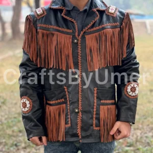 Black Leather Fringe Jacket with Beaded Design - Boho Western Cowboy Native Style - Bohemian Coat