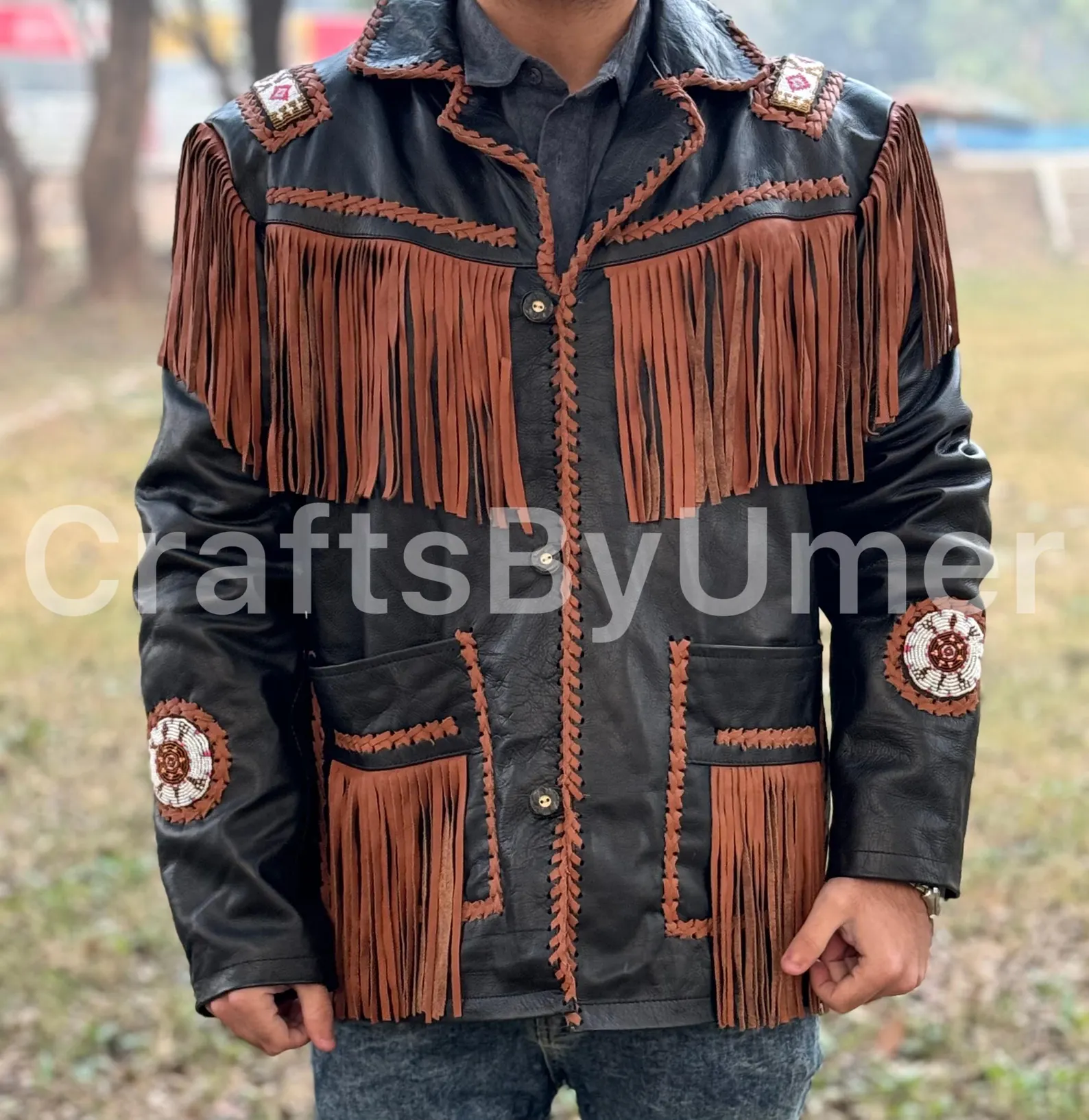 Black Leather Fringe Jacket with Beaded Design - Boho Western Cowboy Native Style - Bohemian Coat