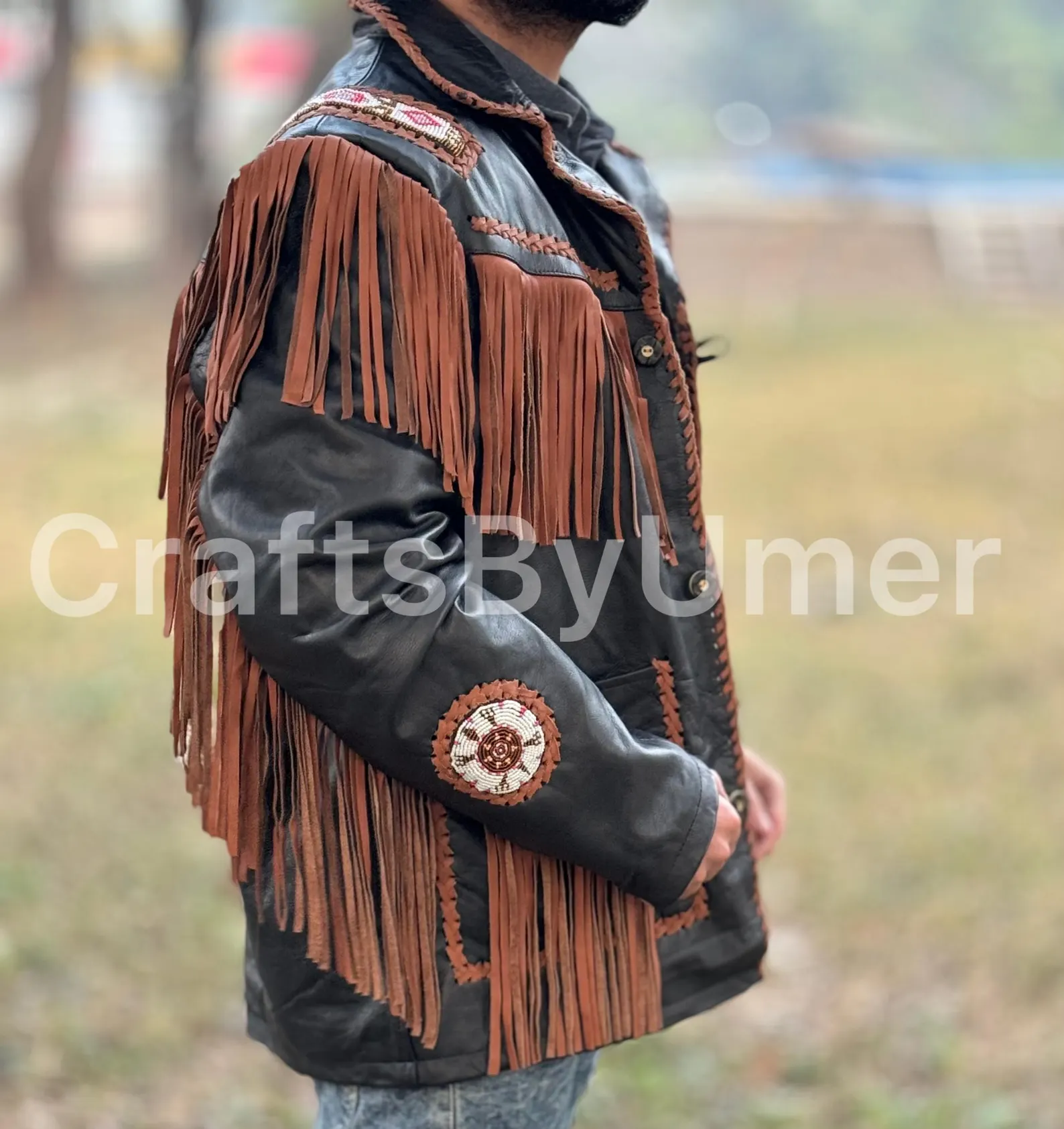 Black Leather Fringe Jacket with Beaded Design - Boho Western Cowboy Native Style - Bohemian Coat - Image 2