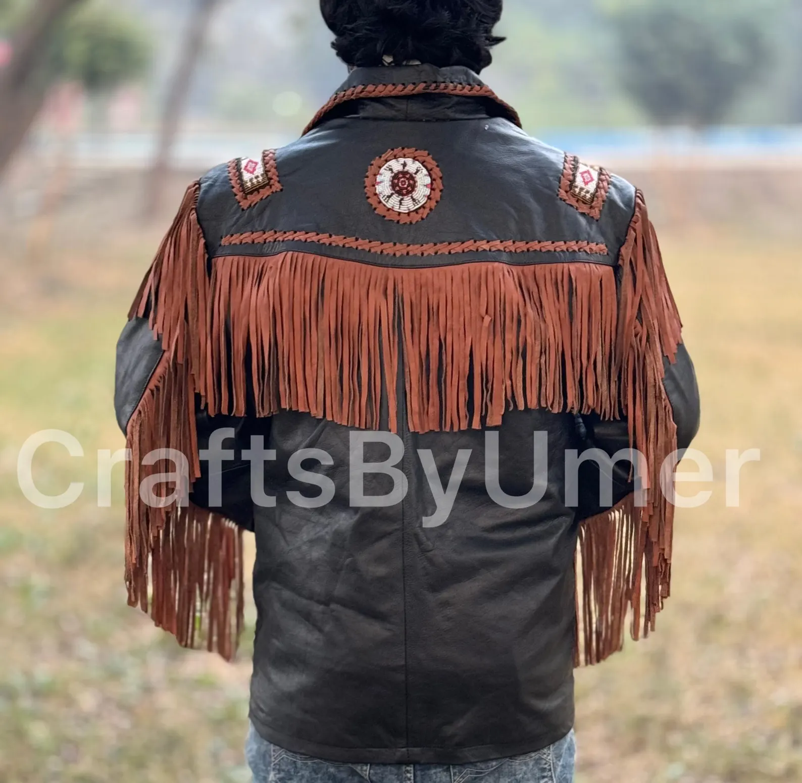 Black Leather Fringe Jacket with Beaded Design - Boho Western Cowboy Native Style - Bohemian Coat - Image 3