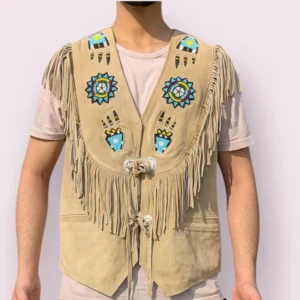 Men’s Handmade Suede Leather Fringe Cowboy Vest with Beaded Accent - Native Style Western Rodeo Powwow Regalia Boho Festival Outfit