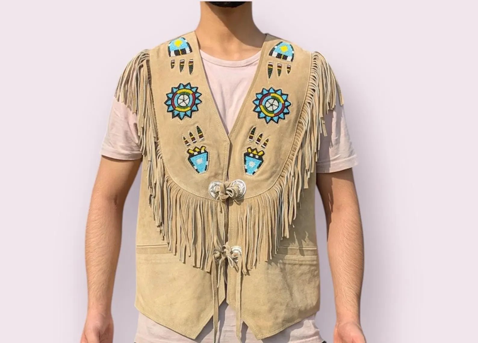 Men’s Handmade Suede Leather Fringe Cowboy Vest with Beaded Accent - Native Style Western Rodeo Powwow Regalia Boho Festival Outfit