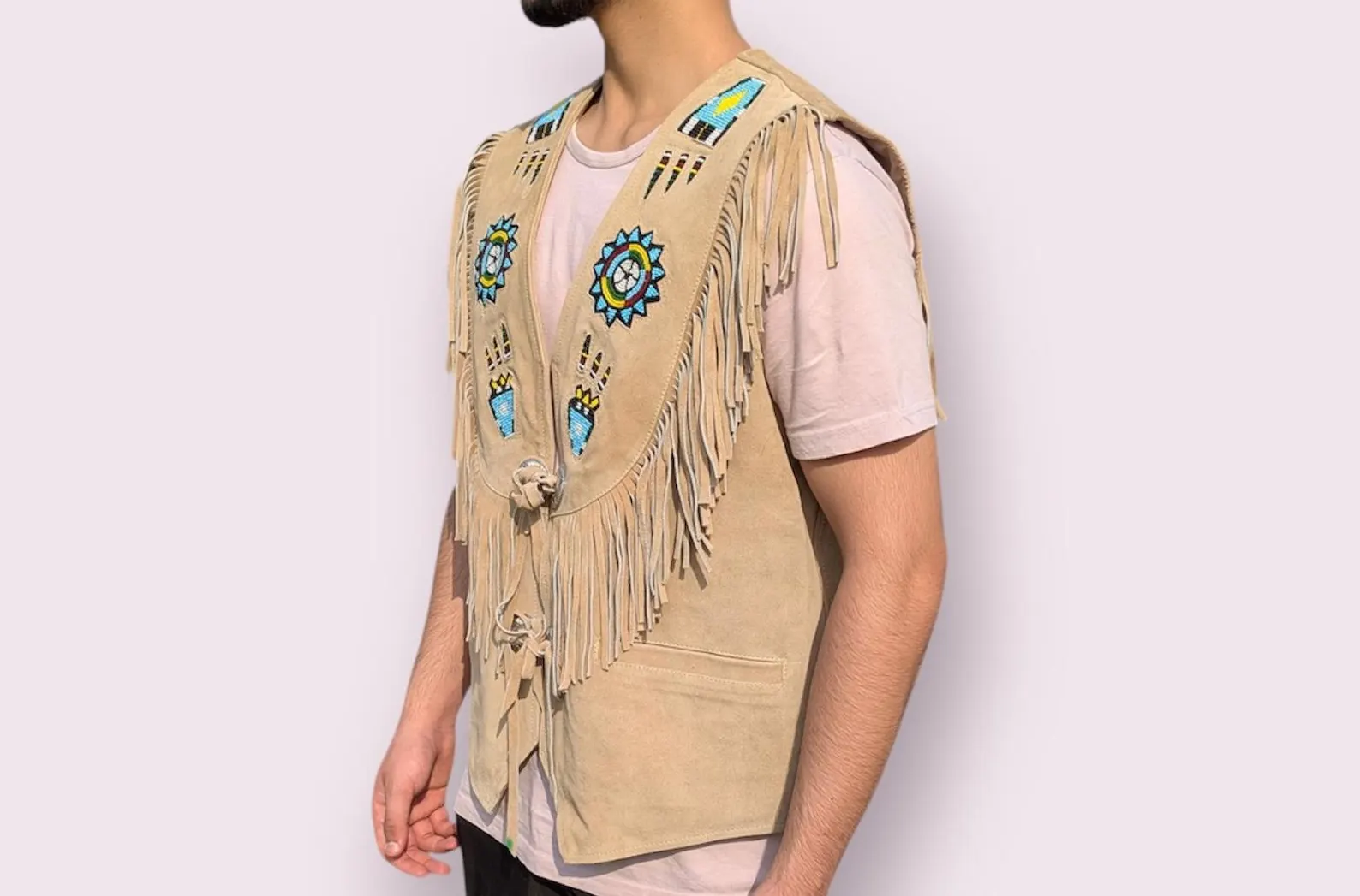 Men’s Handmade Suede Leather Fringe Cowboy Vest with Beaded Accent - Native Style Western Rodeo Powwow Regalia Boho Festival Outfit - Image 2