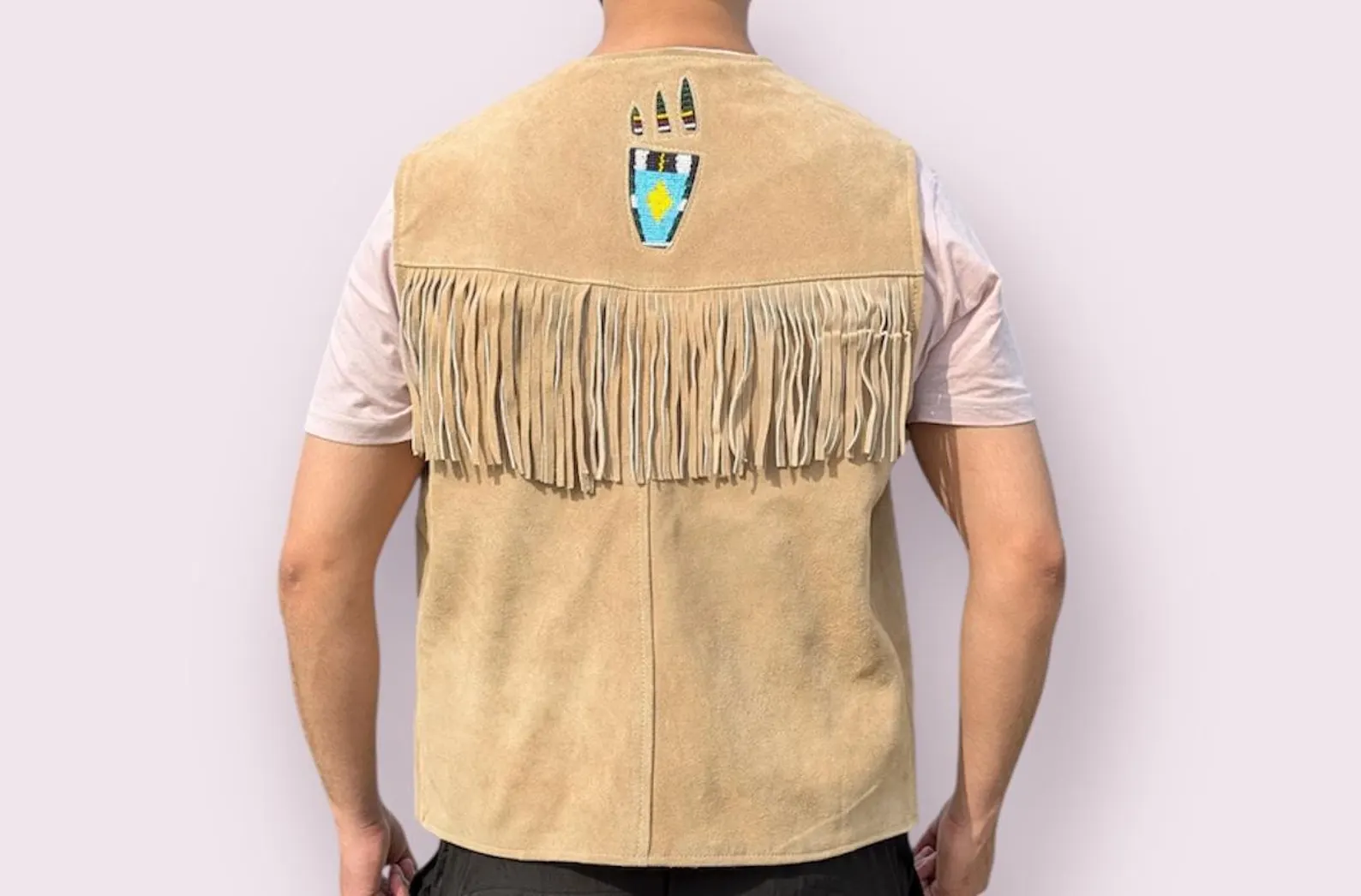 Men’s Handmade Suede Leather Fringe Cowboy Vest with Beaded Accent - Native Style Western Rodeo Powwow Regalia Boho Festival Outfit - Image 3