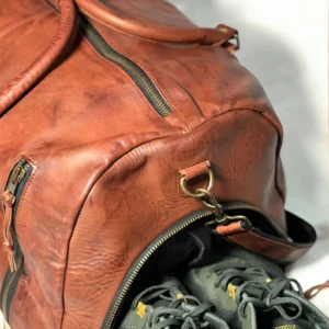 Handmade Real Leather Duffle Bag with Shoe Compartment - 20 Inch Travel Weekender