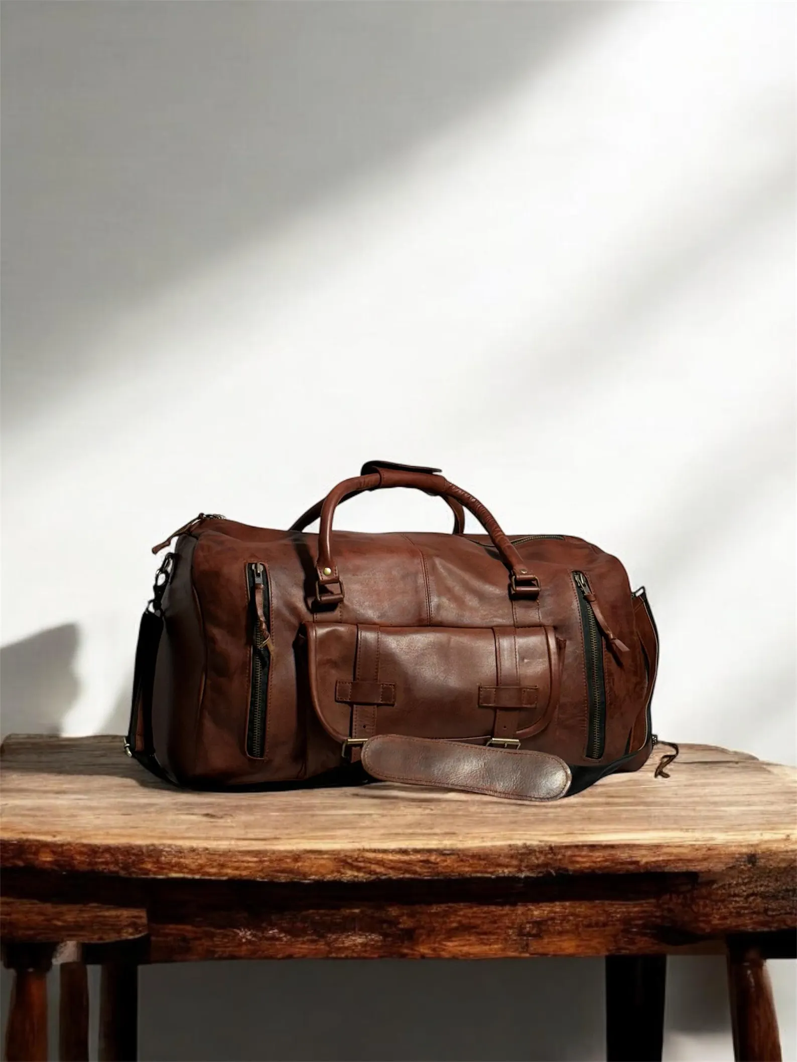 Handmade Real Leather Duffle Bag with Shoe Compartment - 20 Inch Travel Weekender - Image 5