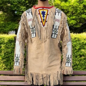 Handmade Native American Style Leather Fringe Jacket – Western Beaded Suede Shirt – Tribal Costume Top – Powwow Regalia – Festival & Cosplay