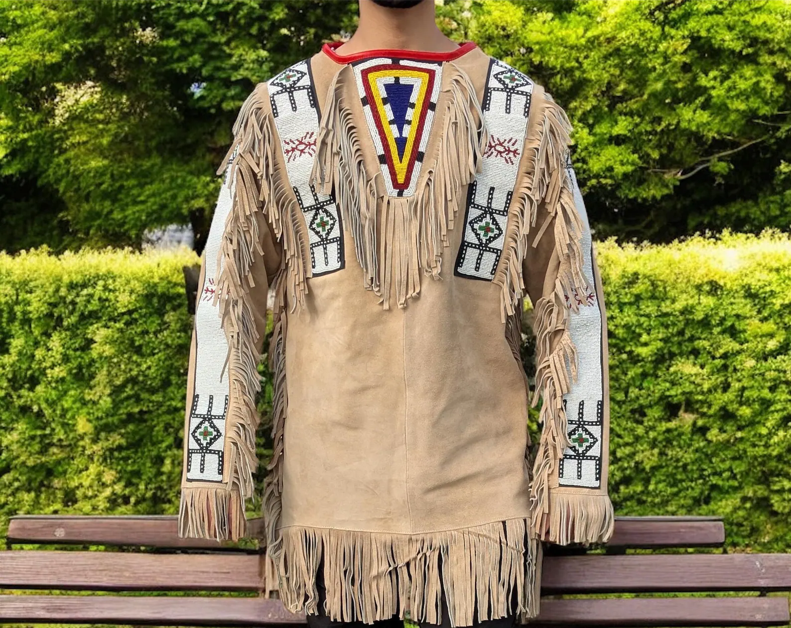 Handmade Native American Style Leather Fringe Jacket – Western Beaded Suede Shirt – Tribal Costume Top – Powwow Regalia – Festival & Cosplay