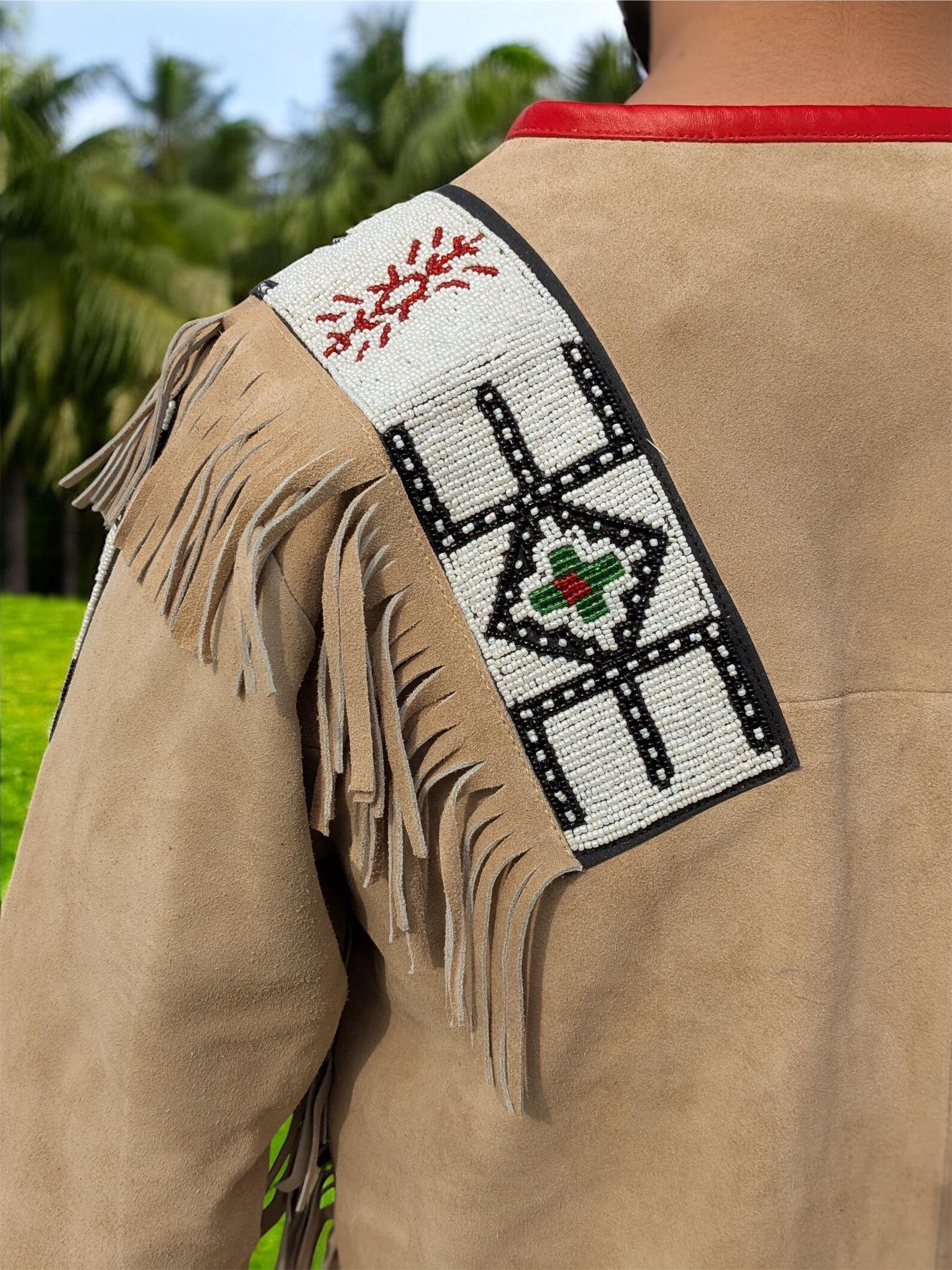 Handmade Native American Style Leather Fringe Jacket – Western Beaded Suede Shirt – Tribal Costume Top – Powwow Regalia – Festival & Cosplay - Image 2