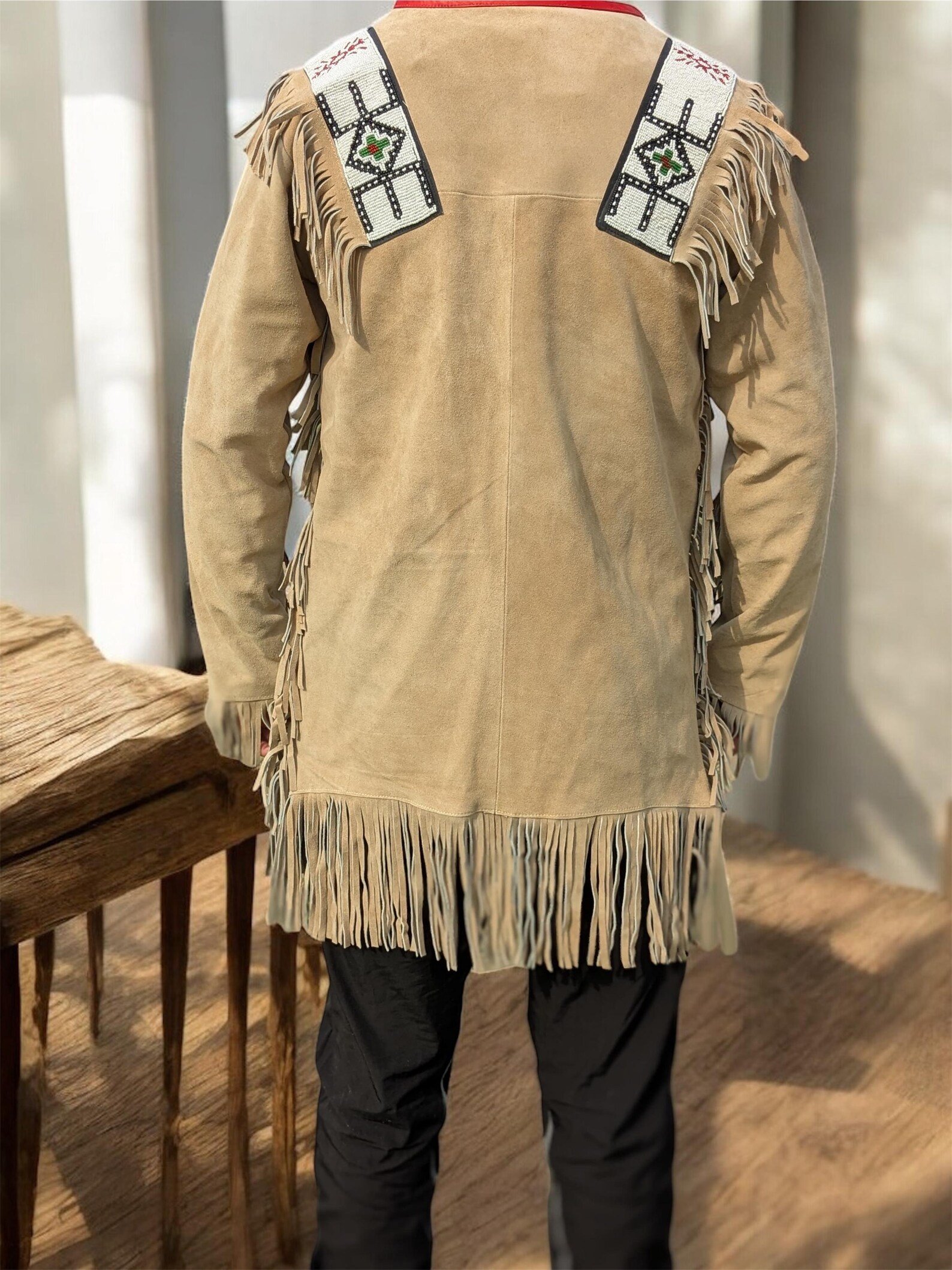 Handmade Native American Style Leather Fringe Jacket – Western Beaded Suede Shirt – Tribal Costume Top – Powwow Regalia – Festival & Cosplay - Image 3