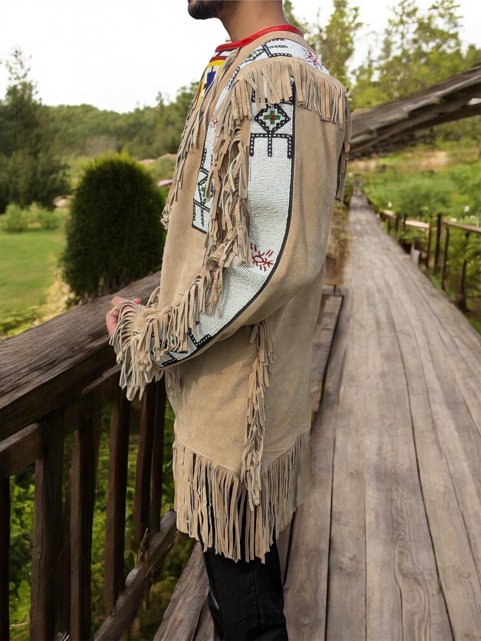 Handmade Native American Style Leather Fringe Jacket – Western Beaded Suede Shirt – Tribal Costume Top – Powwow Regalia – Festival & Cosplay - Image 4